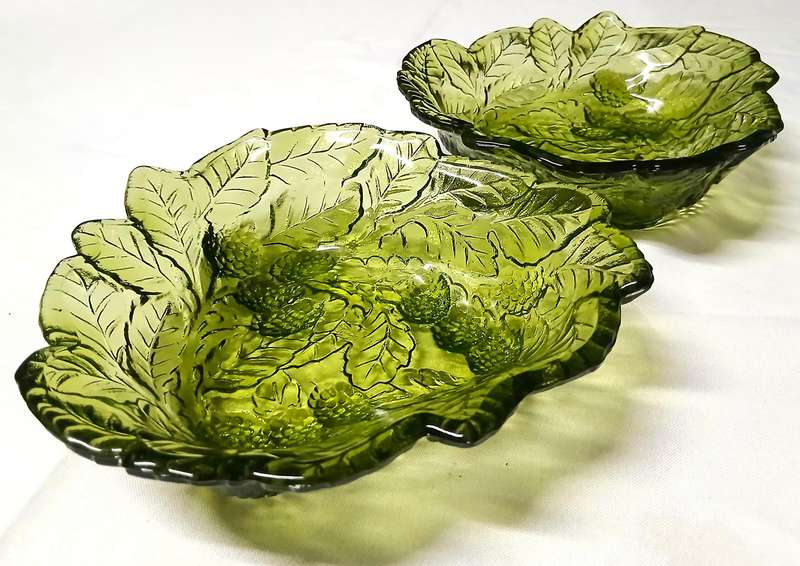 Vintage Indiana Loganberry Glass Bowls | Avocado Green Pressed Glass | Triangular Mid-Century Fruit