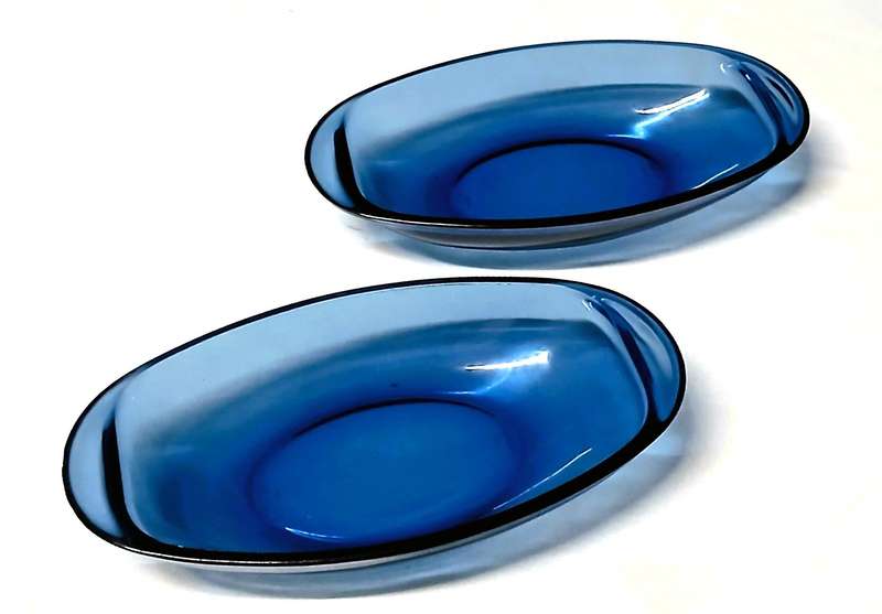 Pair of Vintage Vereco Sapphire Blue Glass Bowls | French Mid-Century Pressed Glass