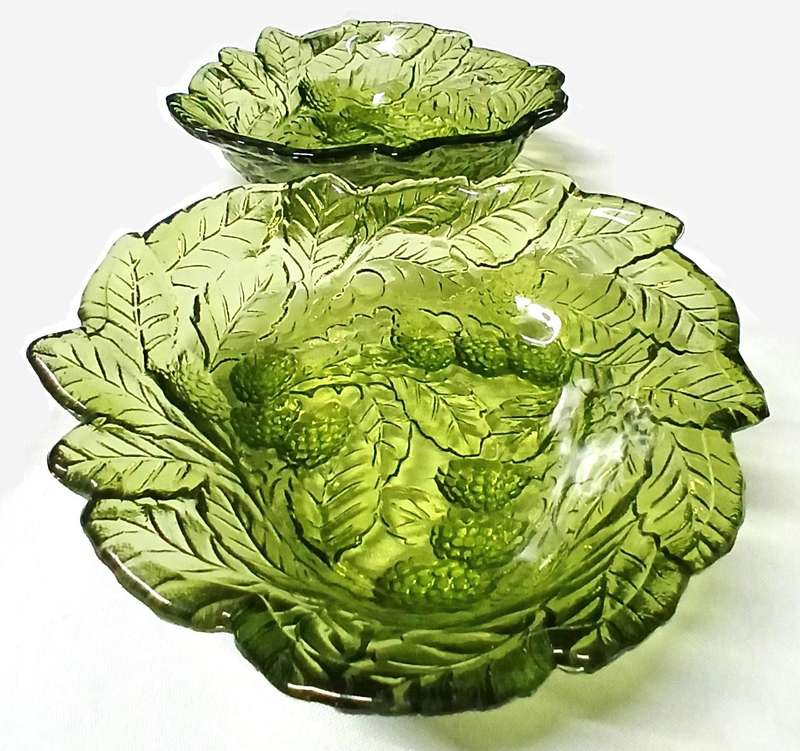 Vintage Indiana Loganberry Glass Bowls | Avocado Green Pressed Glass | Triangular Mid-Century Fruit