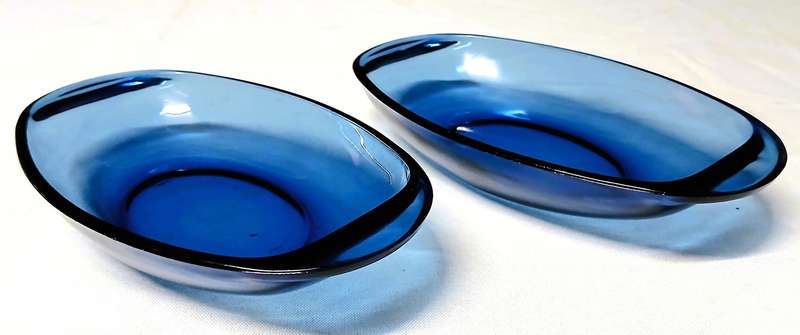 Pair of Vintage Vereco Sapphire Blue Glass Bowls | French Mid-Century Pressed Glass