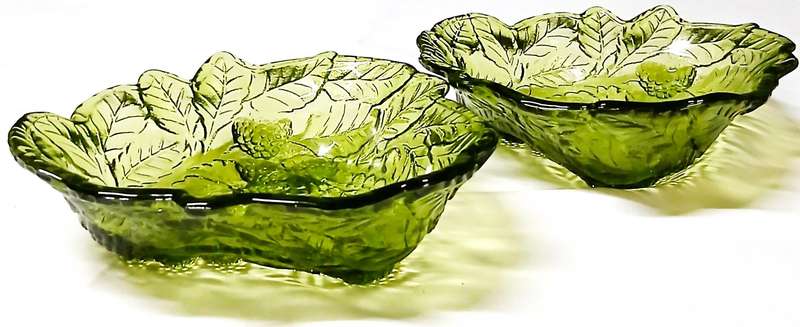Vintage Indiana Loganberry Glass Bowls | Avocado Green Pressed Glass | Triangular Mid-Century Fruit