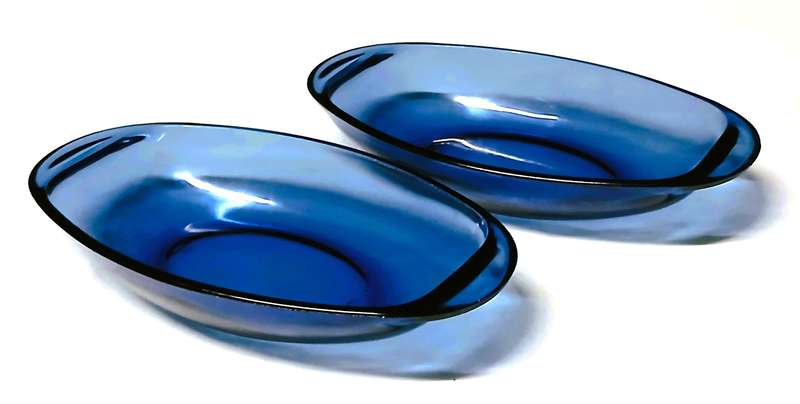 Pair of Vintage Vereco Sapphire Blue Glass Bowls | French Mid-Century Pressed Glass