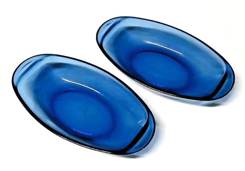 Pair of Vintage Vereco Sapphire Blue Glass Bowls | French Mid-Century Pressed Glass