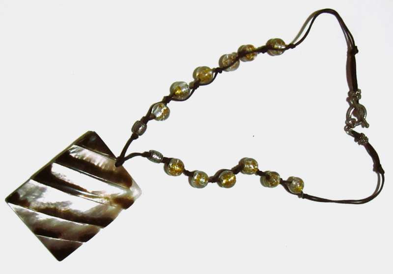 Vintage Bohemian Pendant Necklace with Art Glass Beads and Mother of Pearl
