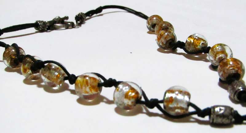 Vintage Bohemian Pendant Necklace with Art Glass Beads and Mother of Pearl
