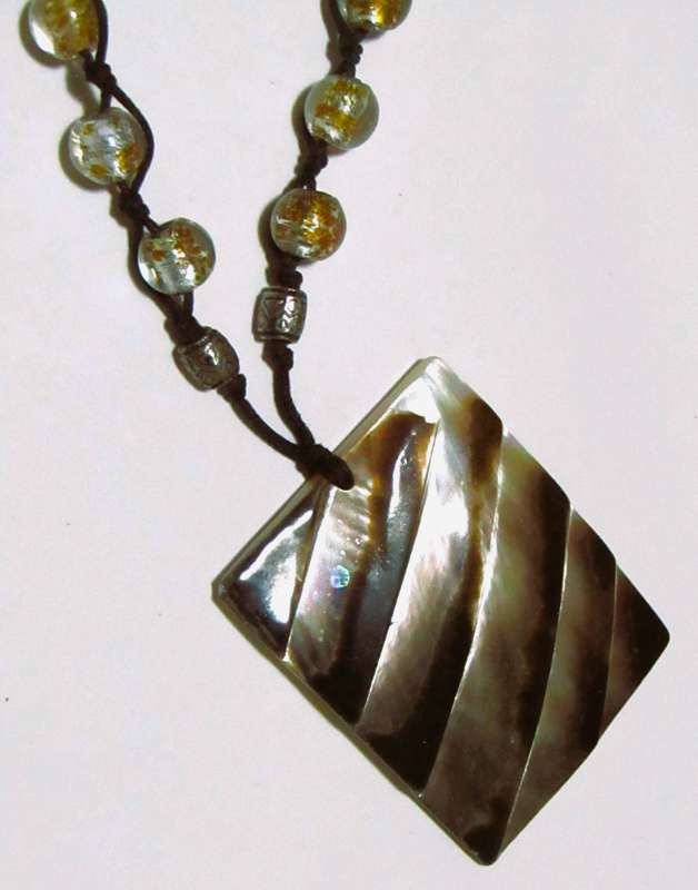 Vintage Bohemian Pendant Necklace with Art Glass Beads and Mother of Pearl