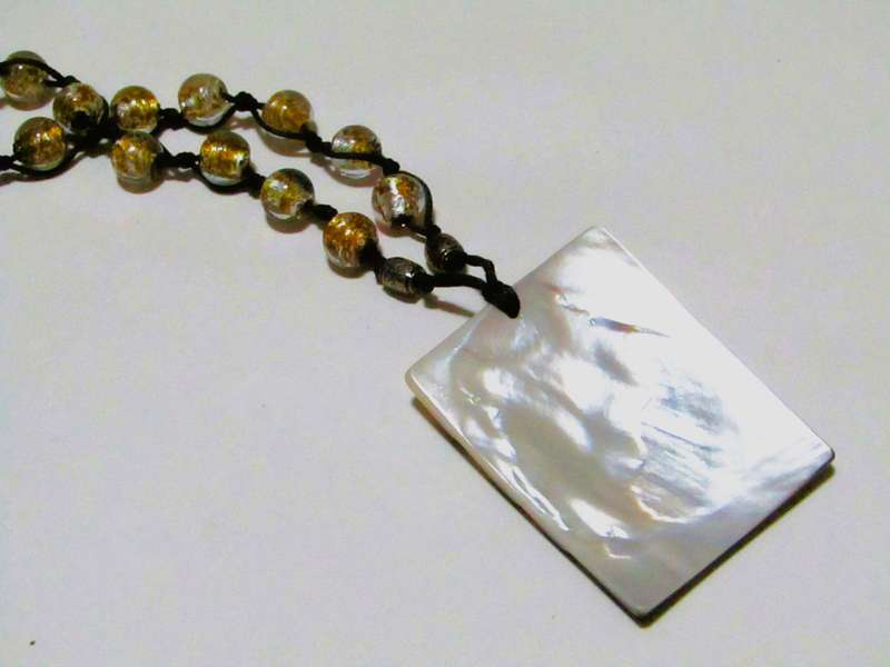 Vintage Bohemian Pendant Necklace with Art Glass Beads and Mother of Pearl