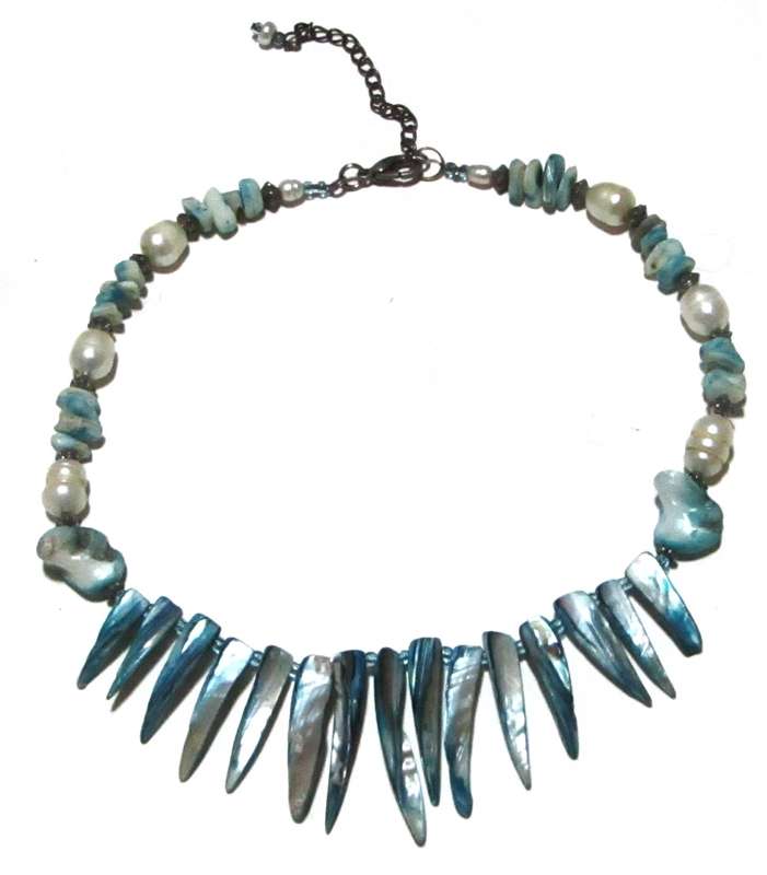 Retro 1980s Blue Mother of Pearl Spike Bib Necklace