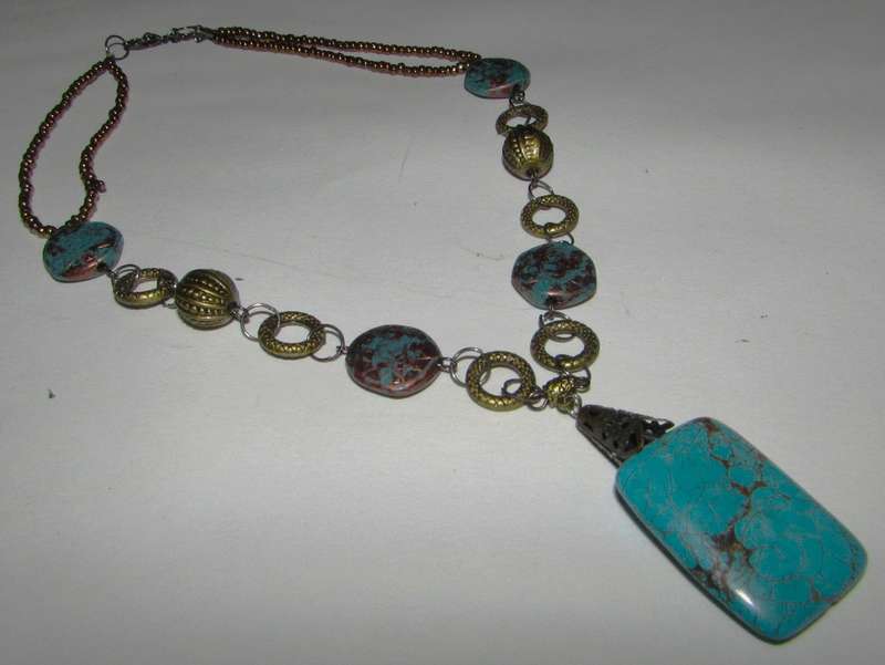 Vintage Hand-Made Antique Brass-Tone and Turquoise Pendant Necklace