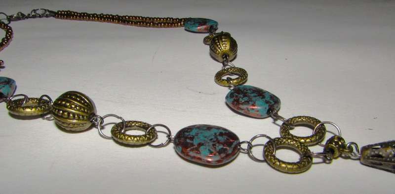 Vintage Hand-Made Antique Brass-Tone and Turquoise Pendant Necklace