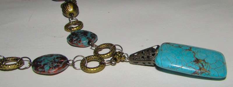 Vintage Hand-Made Antique Brass-Tone and Turquoise Pendant Necklace
