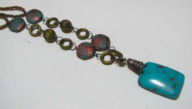 Vintage Hand-Made Antique Brass-Tone and Turquoise Pendant Necklace
