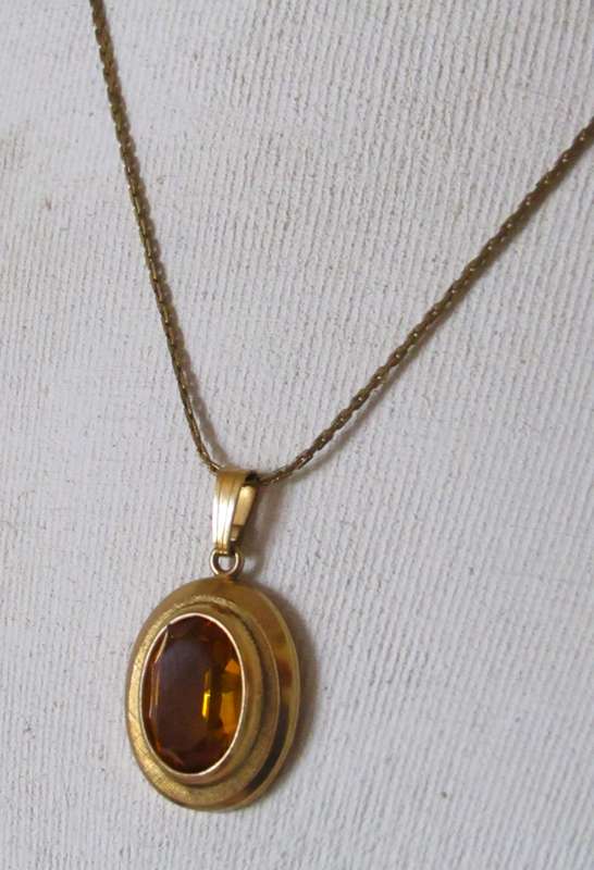Vintage 1970s 14ct Rolled Gold Faceted Topaz Rhinestone Pendant Signed K&L with Chain