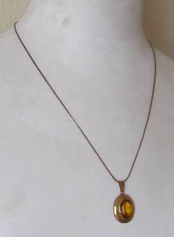Vintage 1970s 14ct Rolled Gold Faceted Topaz Rhinestone Pendant Signed K&L with Chain