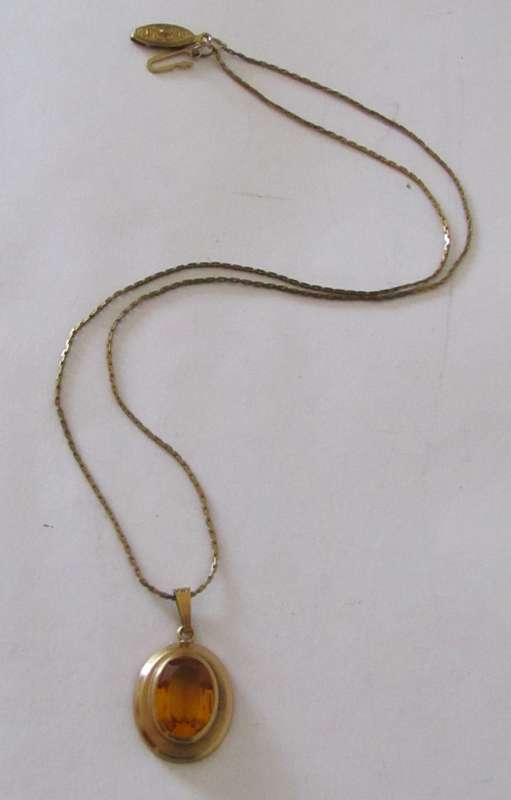 Vintage 1970s 14ct Rolled Gold Faceted Topaz Rhinestone Pendant Signed K&L with Chain