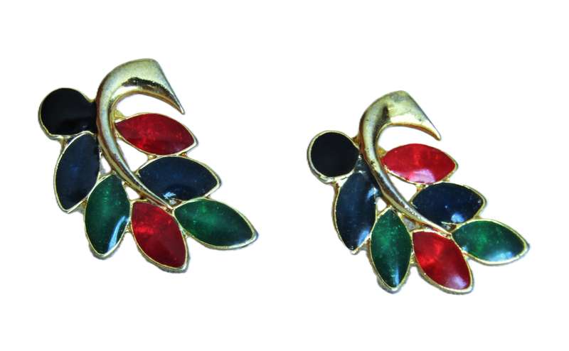 Vintage Gold tone, green, red, blue and black enamel stud earrings