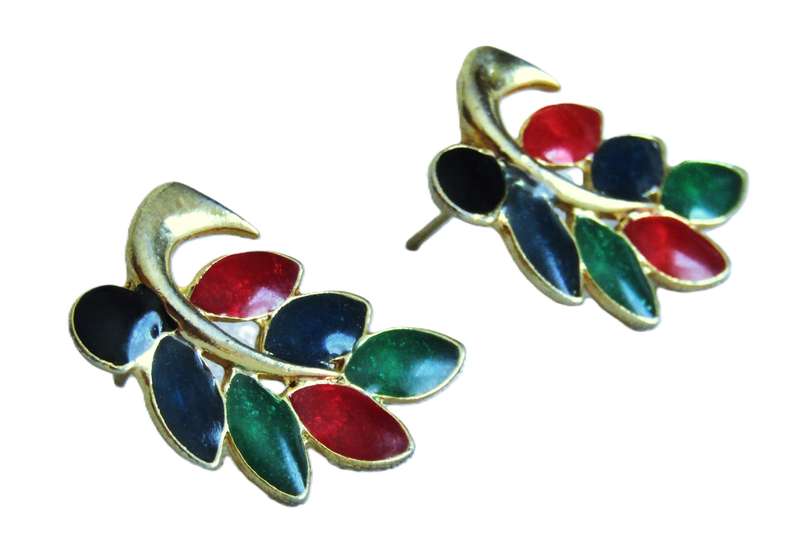 Vintage Gold tone, green, red, blue and black enamel stud earrings
