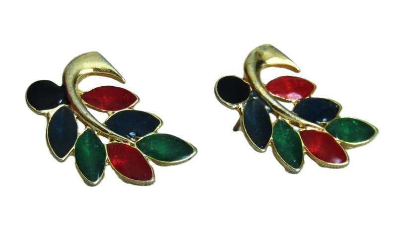 Vintage Gold tone, green, red, blue and black enamel stud earrings