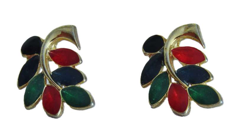 Vintage Gold tone, green, red, blue and black enamel stud earrings