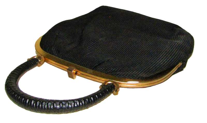 Vintage Pigalle Black Fabric Evening Bag with Gilt Trim and Black Handle