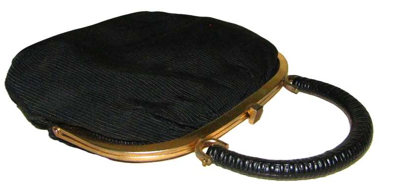 Vintage Pigalle Black Fabric Evening Bag with Gilt Trim and Black Handle