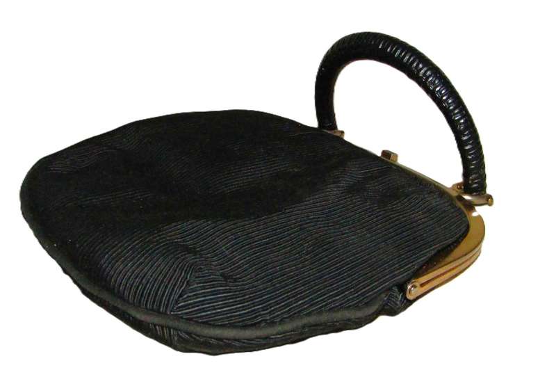 Vintage Pigalle Black Fabric Evening Bag with Gilt Trim and Black Handle