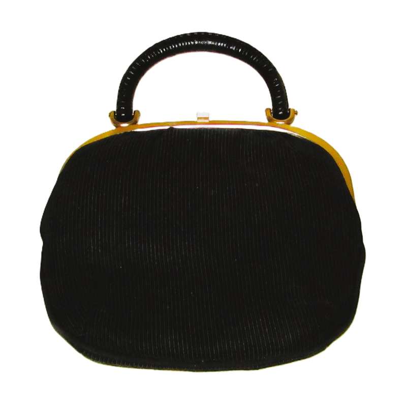 Vintage Pigalle Black Fabric Evening Bag with Gilt Trim and Black Handle