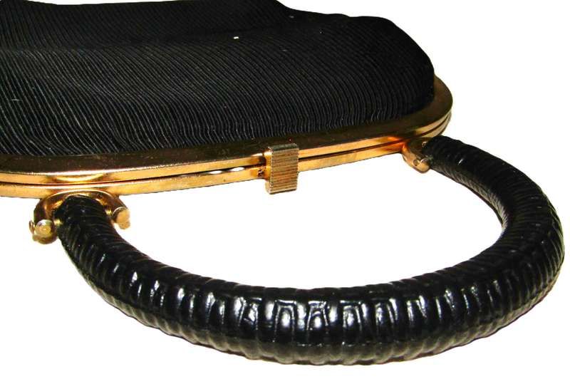 Vintage Pigalle Black Fabric Evening Bag with Gilt Trim and Black Handle