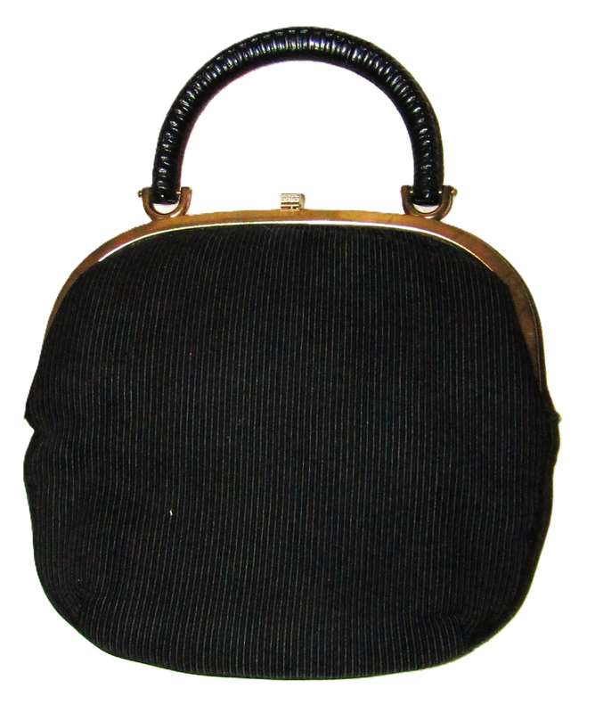 Vintage Pigalle Black Fabric Evening Bag with Gilt Trim and Black Handle