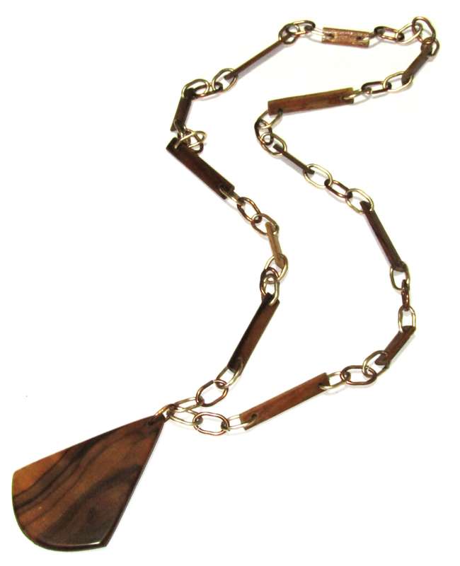 Vintage Two-Tone Metal Link and Wooden Beaded Pendant Necklace
