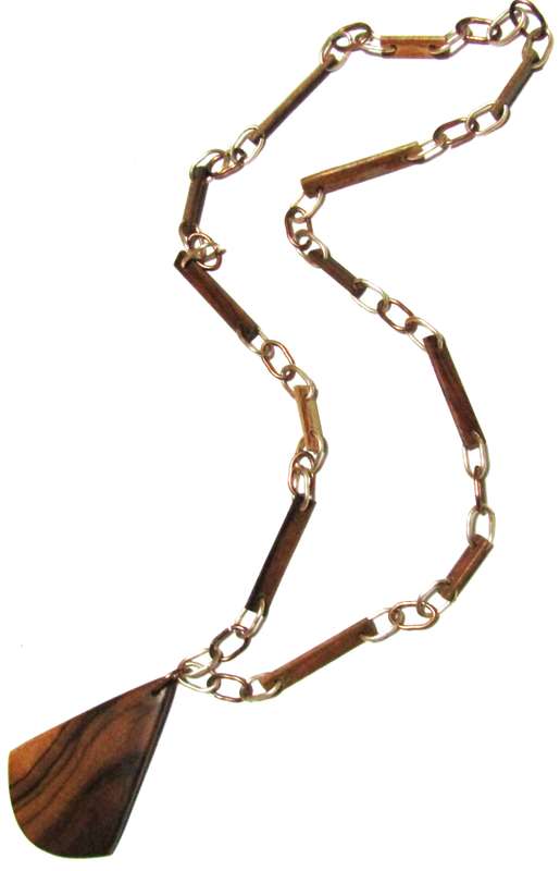Vintage Two-Tone Metal Link and Wooden Beaded Pendant Necklace