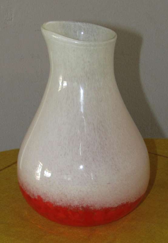Large Vintage Handblown Semi-Opaque White and Deep Orange Speckled Confetti Studio Art Glass Vase
