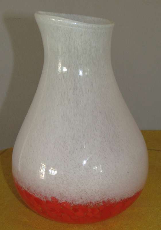 Large Vintage Handblown Semi-Opaque White and Deep Orange Speckled Confetti Studio Art Glass Vase
