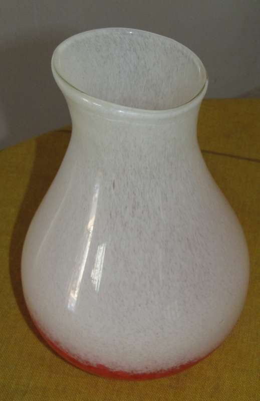 Large Vintage Handblown Semi-Opaque White and Deep Orange Speckled Confetti Studio Art Glass Vase