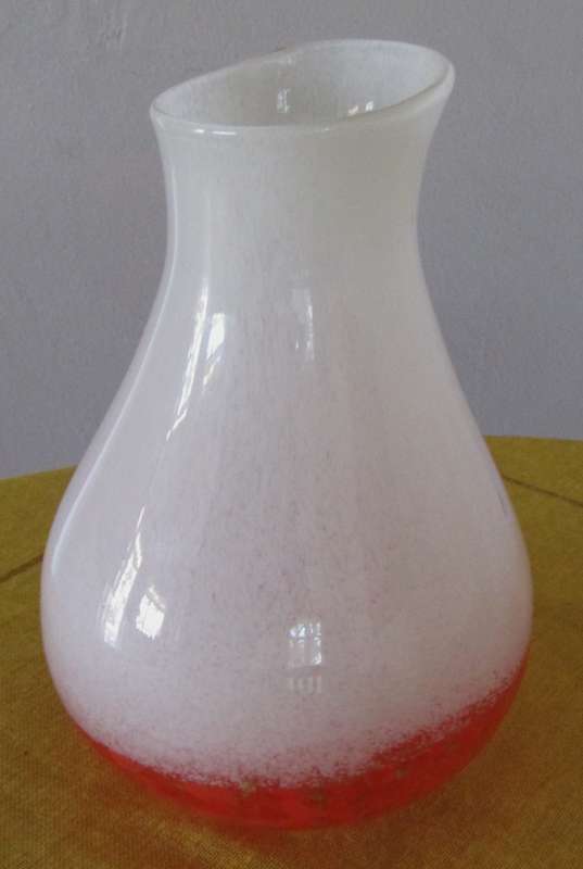 Large Vintage Handblown Semi-Opaque White and Deep Orange Speckled Confetti Studio Art Glass Vase