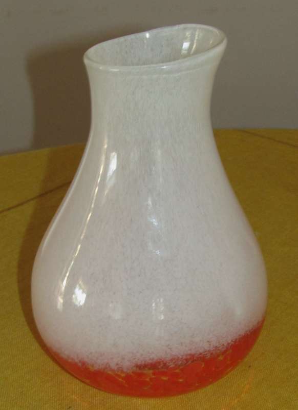 Large Vintage Handblown Semi-Opaque White and Deep Orange Speckled Confetti Studio Art Glass Vase