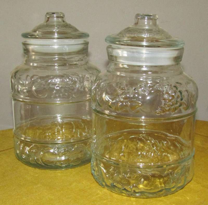 Vintage Pair of Embossed Clear Glass Lidded Kitchen Storage Jars by KIG Indonesia
