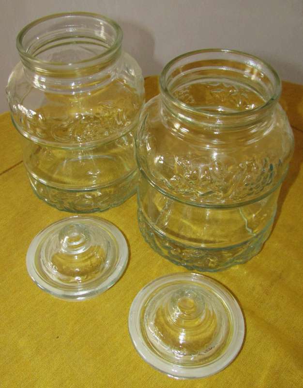Vintage Pair of Embossed Clear Glass Lidded Kitchen Storage Jars by KIG Indonesia