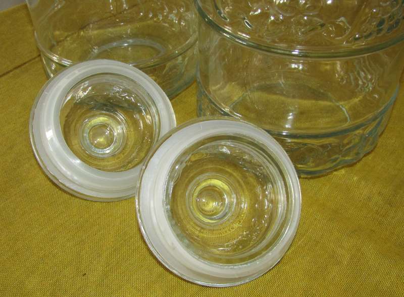 Vintage Pair of Embossed Clear Glass Lidded Kitchen Storage Jars by KIG Indonesia