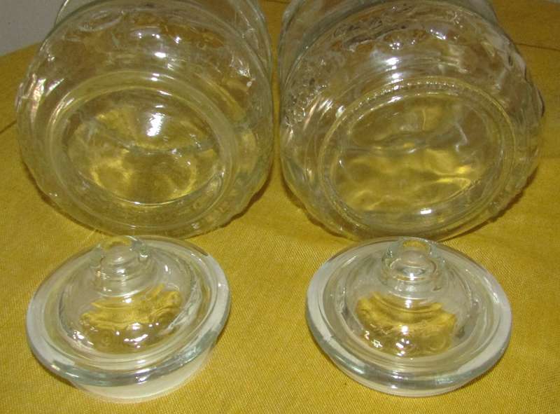 Vintage Pair of Embossed Clear Glass Lidded Kitchen Storage Jars by KIG Indonesia