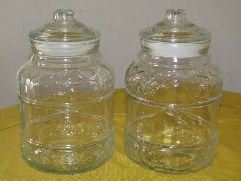 Vintage Pair of Embossed Clear Glass Lidded Kitchen Storage Jars by KIG Indonesia