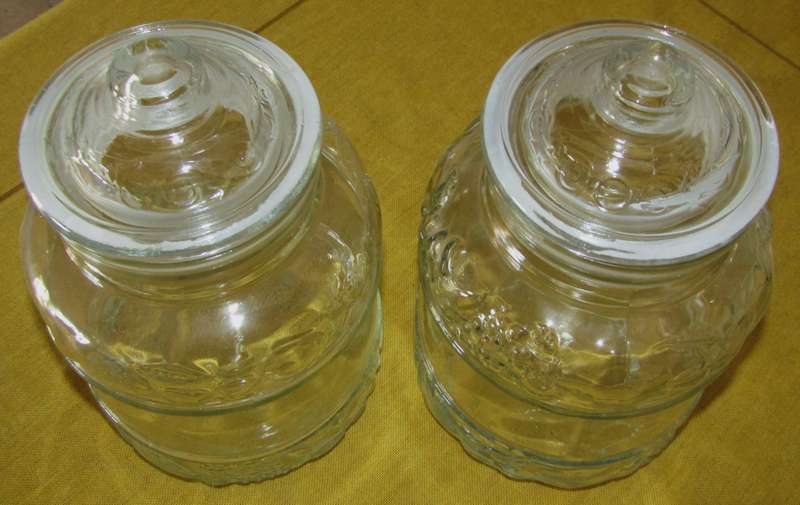 Vintage Pair of Embossed Clear Glass Lidded Kitchen Storage Jars by KIG Indonesia