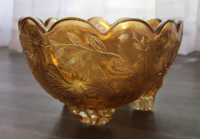 Vintage Marigold Carnival Glass Footed Small Oval Candy Dish