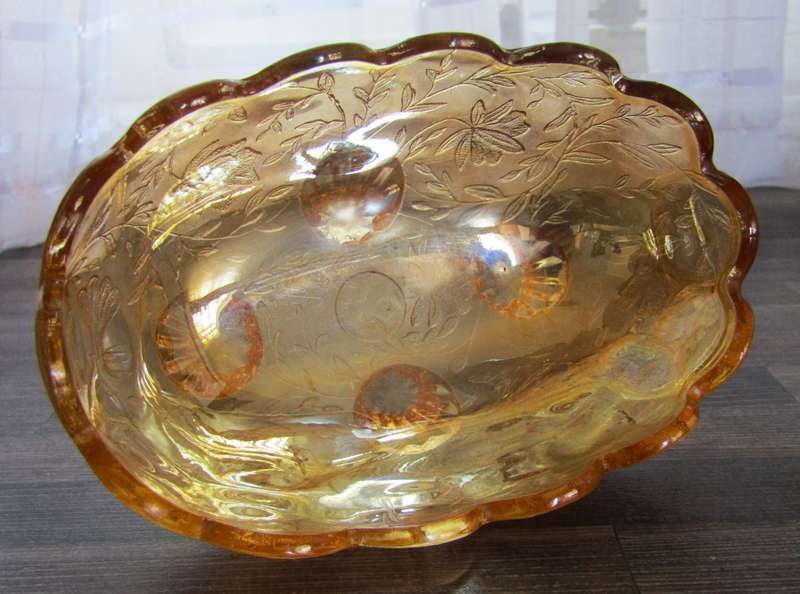 Vintage Marigold Carnival Glass Footed Small Oval Candy Dish