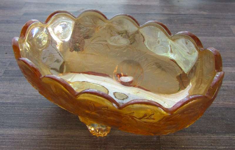 Vintage Marigold Carnival Glass Footed Small Oval Candy Dish