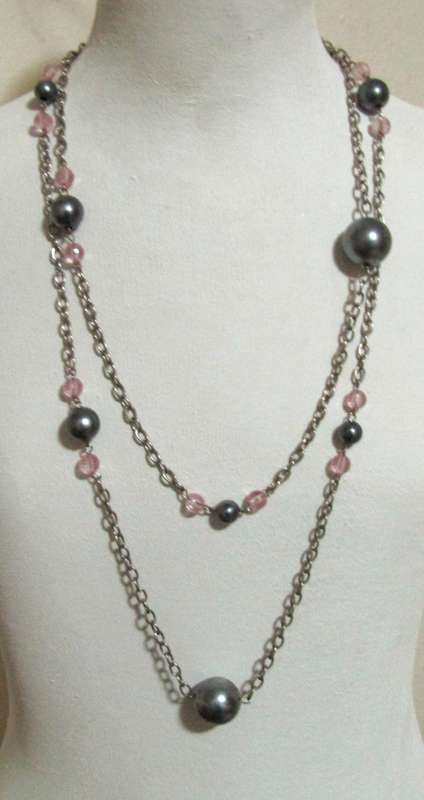 Vintage Extra Long Silver Tone and Soft Pink Necklace