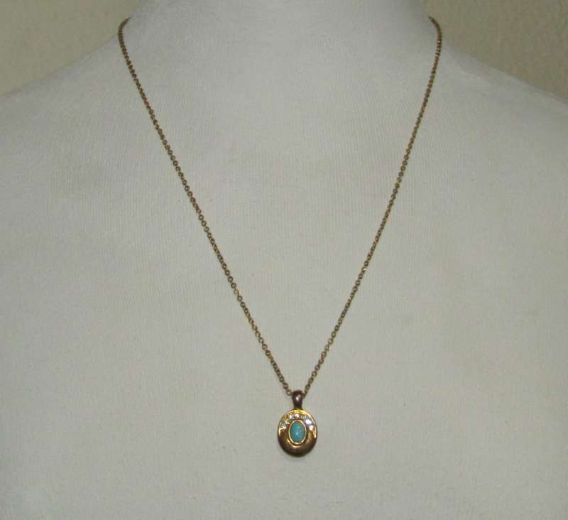 Vintage, Gold Tone Oval Pendant Necklace with Clear and Turquoise Stones