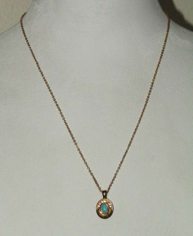 Vintage, Gold Tone Oval Pendant Necklace with Clear and Turquoise Stones
