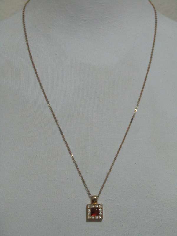 Vintage Gold Tone Square Pendant Necklace with Amber and Clear Crystal Stones