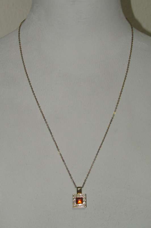 Vintage Gold Tone Square Pendant Necklace with Amber and Clear Crystal Stones